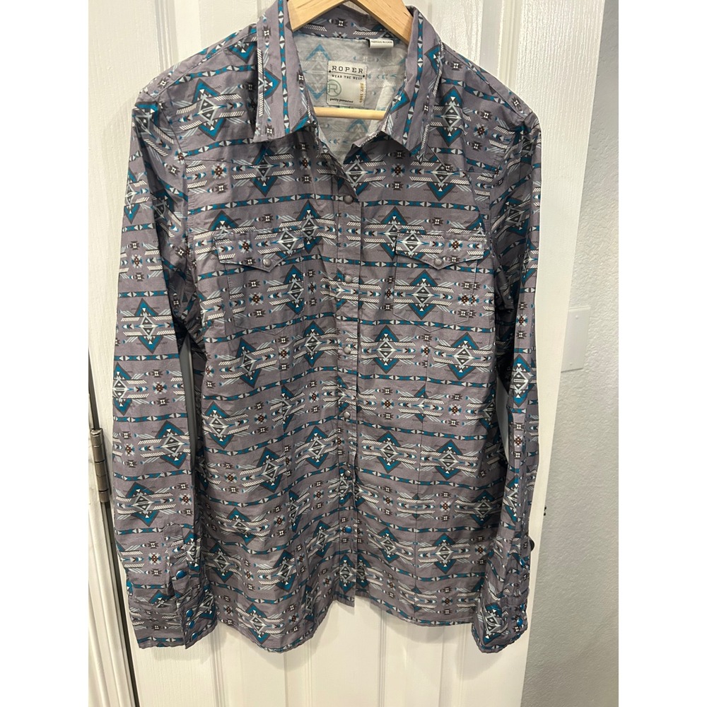 Roper Wear the West Womens Aztec Pearl‎ Snap Shirt Grey Turquoise